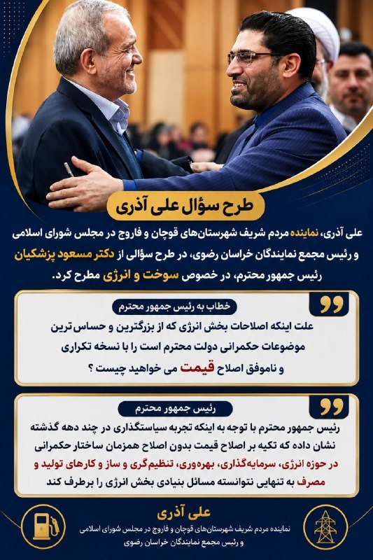 تریبون مجلس: 🔰طرح سؤال علی آذری، نماینده مردم قوچان و فاروج، از رئیسجمهور درباره سوخت و انرژی🔹دکتر علی آذری، نماینده مردم شریف شهرست