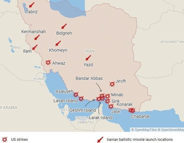 📌️🇮🇷 מפה מלאה של העימותים אמש בין ארצות הברית לרפובליקת סלאמי: