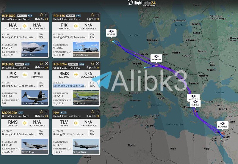C-17 and C-5 military transport planes and KC-135 refueling planes have been spotted on their way to the Middle East, with several refueling planes spotted in Tel Aviv over the past few days.