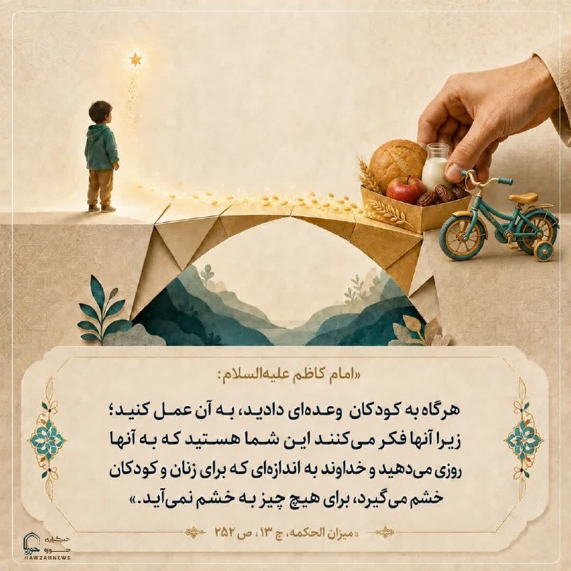 خبرگزاری حوزه: 💠 #حدیث روز 💠💎وفای به وعده در برابر کودکان🔻 امام کاظم علیه‌السلام:«إِذَا وَعَدْتُمُ الصِّغَارَ فَأَوْفُوا لَهُمْ؛ فَإِنّ