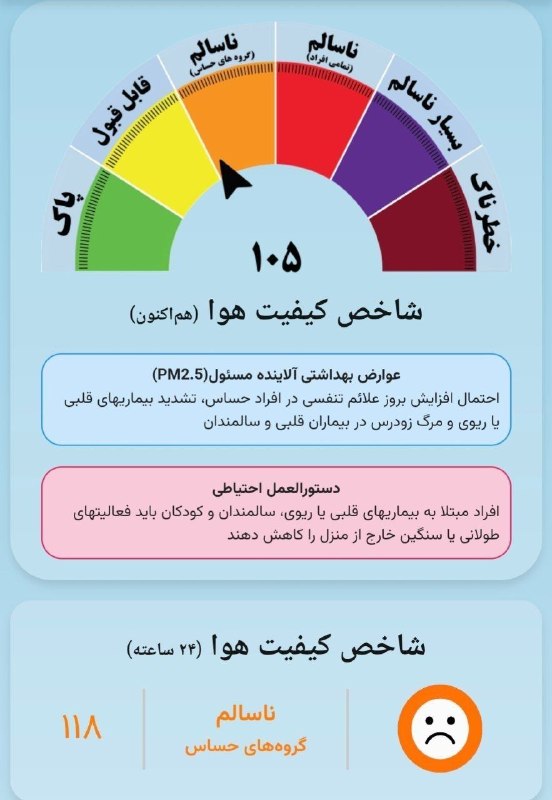 اجتماعی مشهد: 🔸هوای امروز مشهد با شاخص عددی ۱۰۵ برای گروه‌های حساس مثل افراد مبتلا به بیماریهای قلبی یا ریوی، سالمندان و کودکان، ناسال