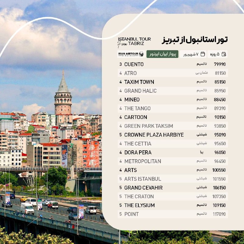 اطلاعات گردشگری و توریستی: #استانبول🔺#ترکیه🇹🇷ویژه ۷ شهریورامکان دریافت ارز مسافرتی💵⚠️نرخها شناور است(استعلام شود)مبدا پرواز : تبریز رزرواسیون : 093