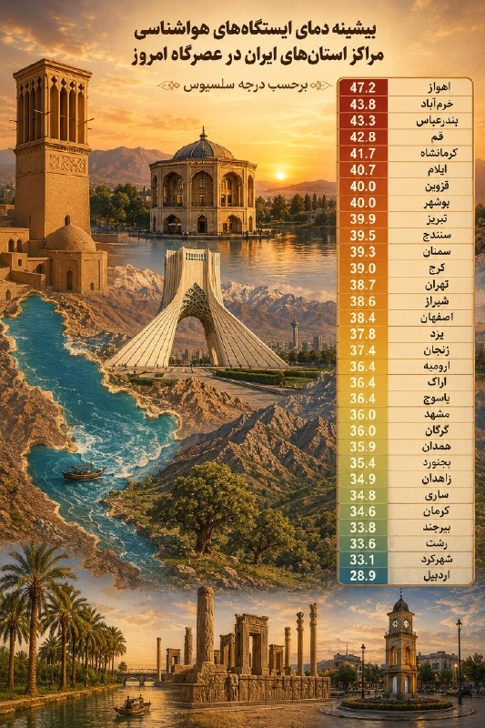صدای آستانه: 🔶 بیشینه دمای ایستگاه‌های هواشناسی مراکز استان‌های ایران در عصرگاه امروز🔥 گرم‌ترین مراکز استان‌ها:🔥 اهواز 47.2🔥 خرم‌آباد