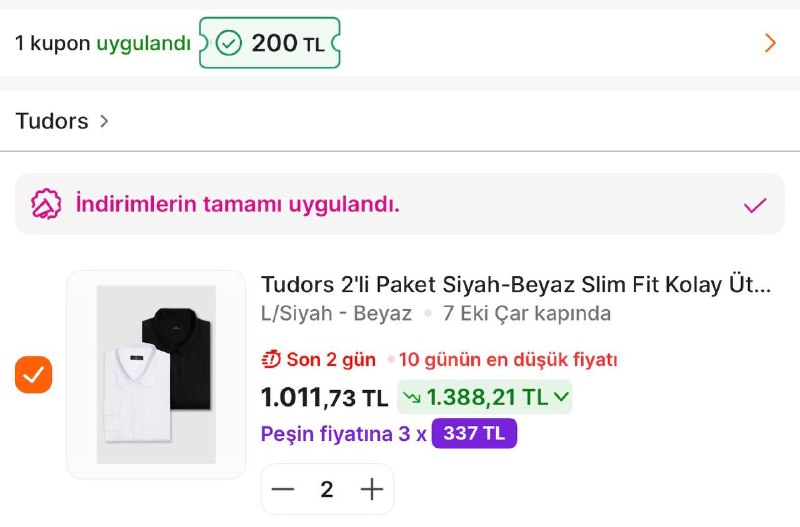 Tudors 2'li Siyah-Beyaz Slim Fit Kolay Ütü Gömlek 🏷️ MODA200 kodu ile800₺’ye 200₺ indirim…