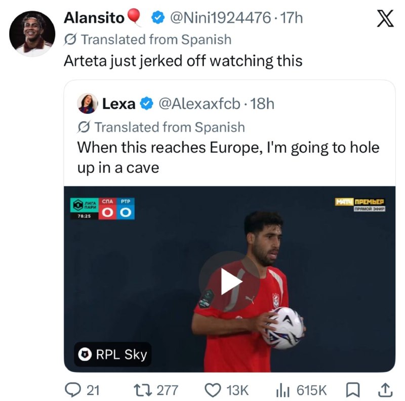 Football Twitts: یکی از پیجای خارجی ویدیوی دومین پاس گل نادر محمدی با پرتاب اوتشو گذاشته، یه کاربر نوشته آرتتا با دیدن این خودارضایی میکن