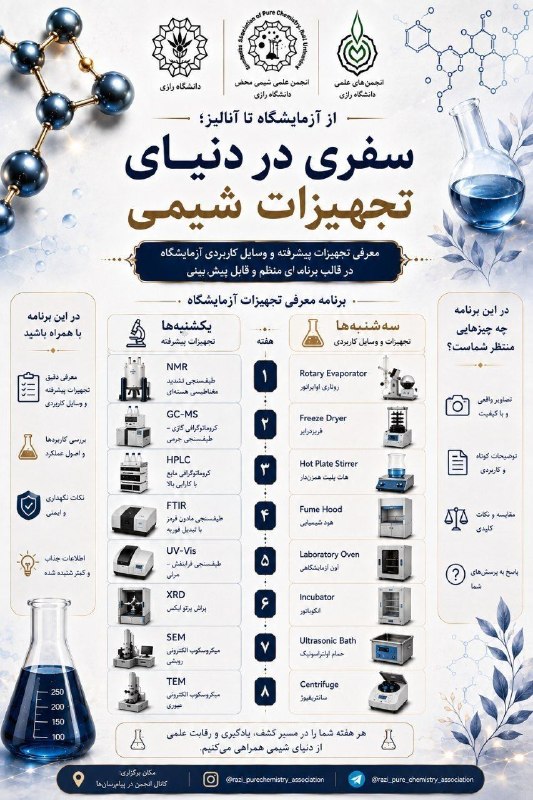 انجمن های علمی_دانشجویی دانشگاه رازى: 🔬 معرفی تجهیزات و وسایل آزمایشگاه شیمیبه همت انجمن علمی شیمی محض دانشگاه رازی«از آزمایشگاه تا آنالیز؛ سفری در دنیای تجهی