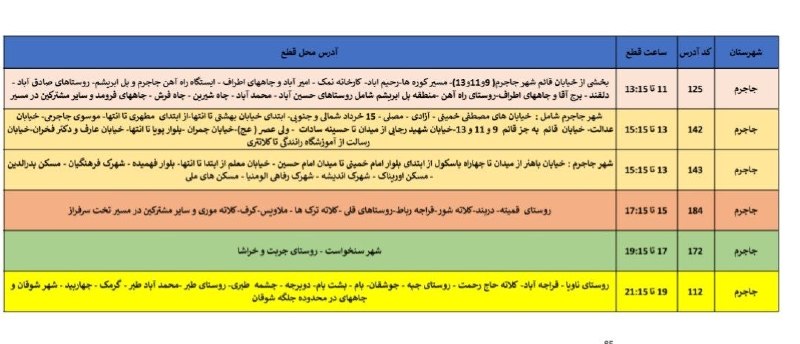 اخبار جاجرم: ⭕ برنامه احتمالی قطع برق رو ز دوشنبه دوم شهریورماه شهرستان جاجرم به شرح جدول فوق می باشد. شهر جاجرم به جز قائم 9،11 و 13