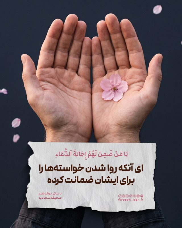 کانال رسمی حرم مطهر امام رضا علیه السلام: 🔹"یا مَنْ ضَمِنَ لَهُمْ إِجَابَةَ الدُّعَاءِ"ای آنکه روا شدن خواستهها را برای ایشان ضمانت کرده.📗دعای دوازدهم #صحیفه_سجا