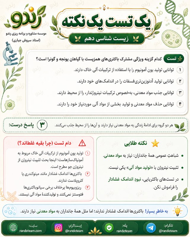 مشاوره کنکور رندو | سروش جباری: ✅ یک تست یک نکته از زیست دهم🔺#تست_نکته_زیست_رندو📱 @Randoteam