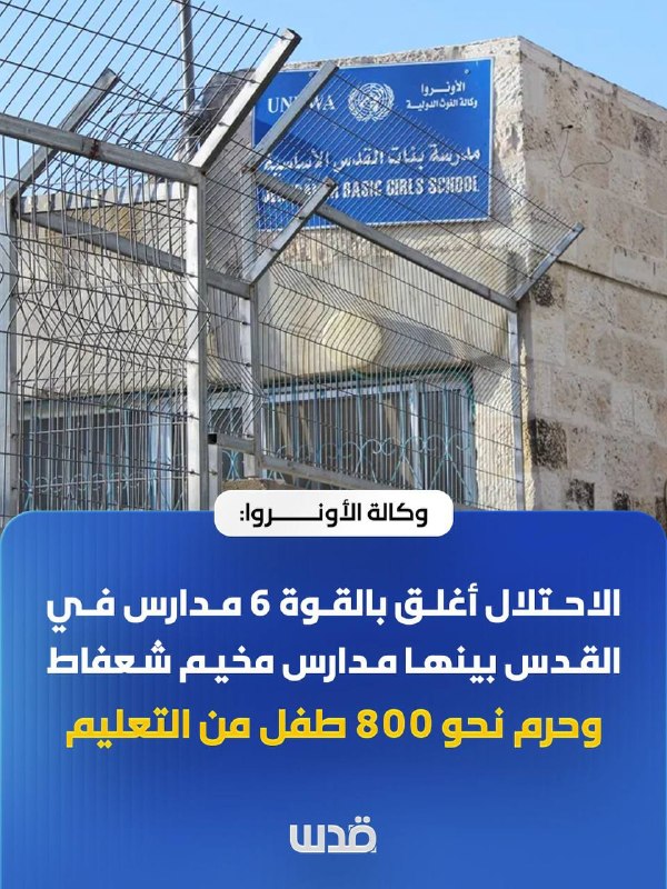 אונר"א: הכיבוש סגר בכוח 6 בתי ספר בירושלים, כולל בתי ספר במחנה שועפאט, ומונע מ-800 ילדים חינוך.