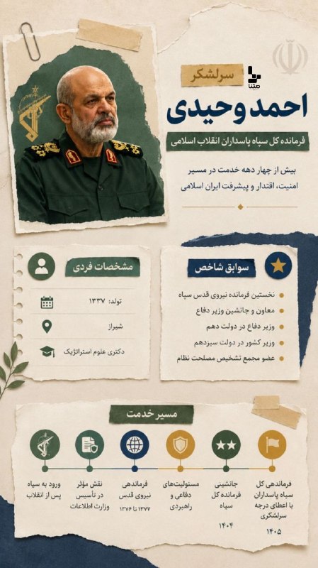 متنا هرمزگان: #اینفوگرافیک | سرلشکر احمد وحیدی🔖اثر:زینب پیروی 🌐 متنا شهرستان بندرلنگه سازمان فضای مجازی بسیج استان هرمزگان🇮🇷 @matnahor