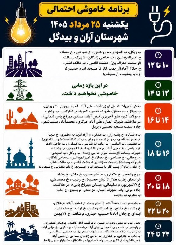 نوش‌ آبادی‌ ها: 🔺برنامه خاموشی یکشنبه ۲۵ مرداد ۱۴۰۵ شهرستان آران و بیدگل#نوش_آباد @nooshabadiha