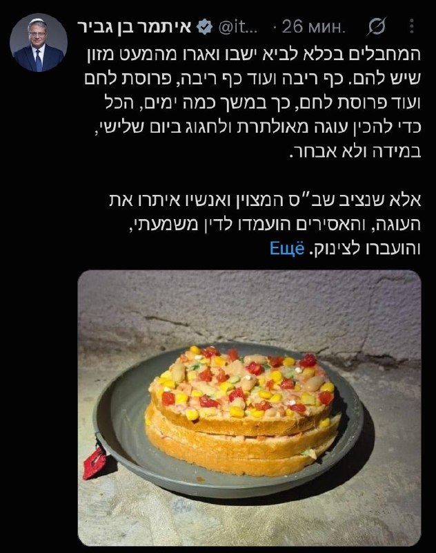 השר לביטחון לאומי בן גביר התרברב כיצד סוהרים החרימו עוגה מאולתרת של אסירים פלסטינים שהכינו מאוכל שהם ניסו ל…