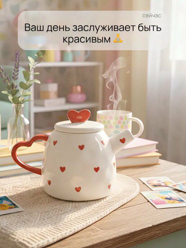 Кукольный чайник с сердечками Но заваривает по-взрослому 700 мл керамики, белый, с сердечками и ручкой-сердцем. Для уютных чаепитий и моментов, ког... - изображение 2 - сердечками, telegram, view