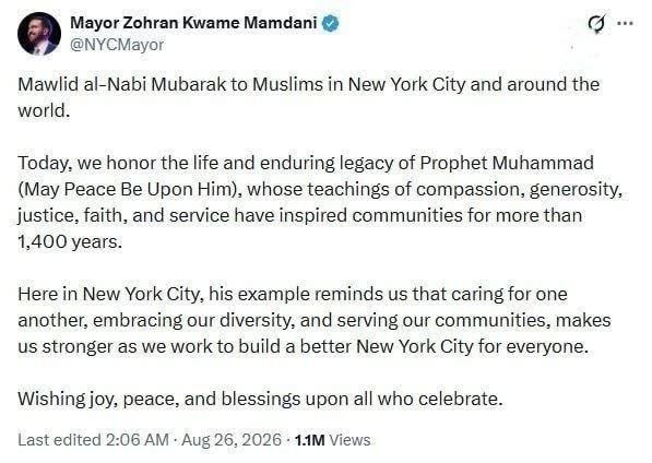 اخبار فوری مشهد و ایران: ♦️پیام تبریک زهران ممدانی، شهردار نیویورک به مناسبت سالروز ولادت پیامبر اسلامممدانی:🔹میلاد پیامبر اکرم بر مسلمانان شهر ن