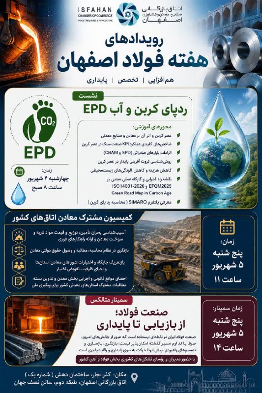 نمایشگاه اصفهان: ویترین تجارت ایران.: رویدادهای هفته فولاد اصفهان | از معدن تا فولاد، از چالش تا راهکارهمزمان با هفته فولاد اصفهان، اتاق بازرگانی اصفهان میزب