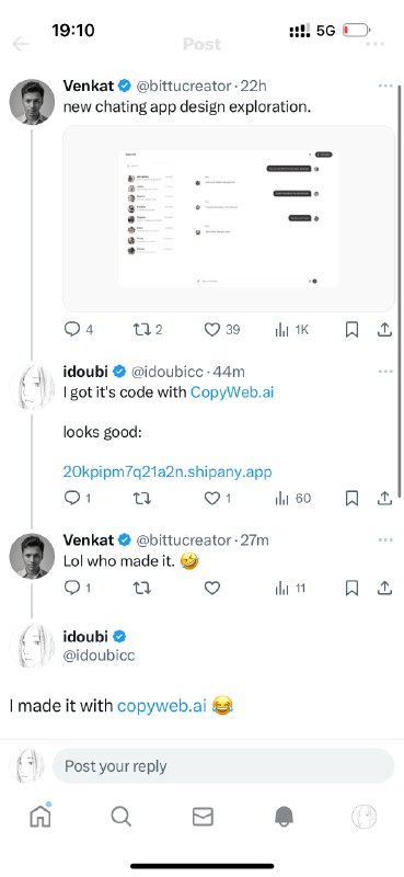 在 Twitter 上找到一些海外设计师，他们发自己的设计作品我用他们的设计图，拿到 CopyWeb 转成代码，再丢一个预览地址回复他们的帖子，可以引来一波关注