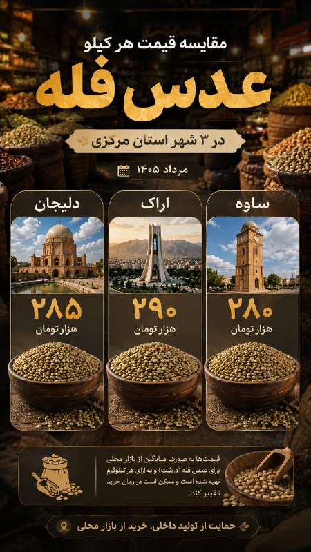 اخبار مرکزی: ♦️ قیمت هر کیلو عدس فله را در ۳ شهر استان مرکزی🔹 این ارقام تقریبی و برآوردی از میانگین قیمت بازار در مرداد ۱۴۰۵ هستند و