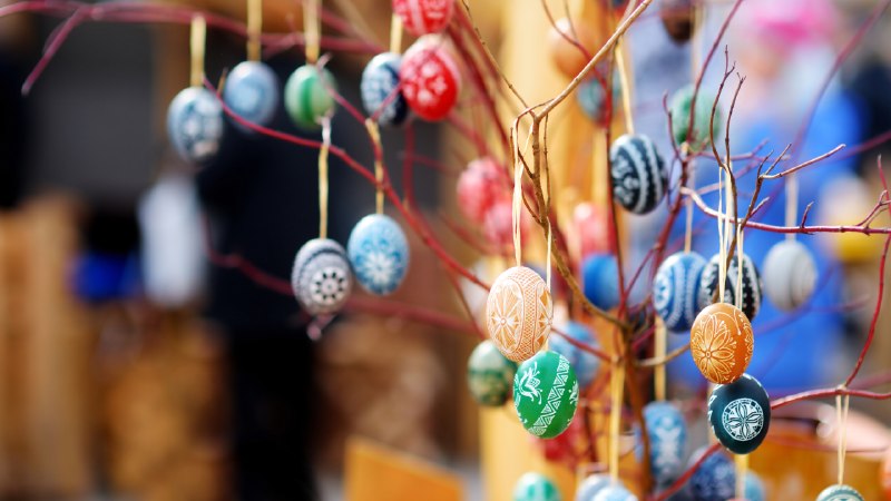 Hello, Easter SundayColorful handmade wooden Easter eggs, Vilnius, Lithuania (© maximkabb/Getty Images)