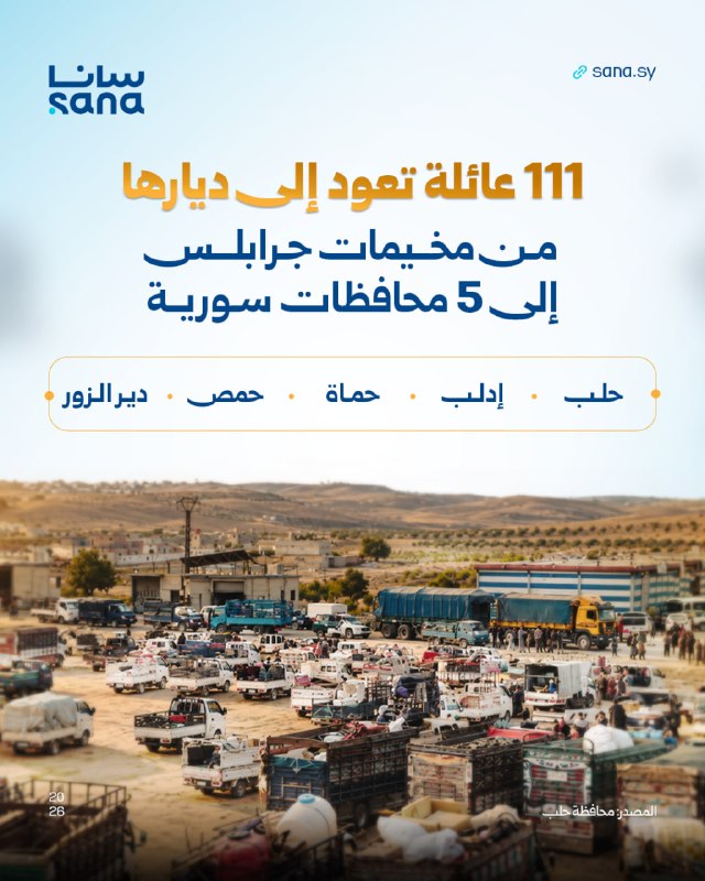 111 משפחות עקורים עוזבות את ג'ראבולוס, מזרחית לחאלב, לאזורים המקוריים שלהן, מפוזרות בין 5 מחוזות סוריה, במס…