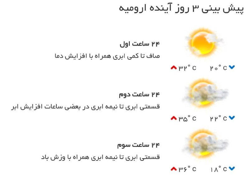 اخبار آذربایجان غربی: ♦️ پیش‌بینی وضع آب و هوای سه روز آینده مرکز استان‌🔹 ۲۴ ساعت اول (۱۴۰۵/۰۶/۰۱)🔹 ۲۴ ساعت دوم (۱۴۰۵/۰۶/۰۲)🔹 ۲۴ ساعت سوم (۱۴۰
