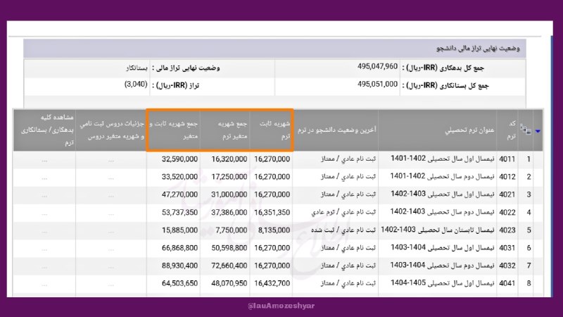 اخبار دانشجویان دانشگاه آزاد: 🔴 نحوه مشاهده مقدار شهریه #ثابت و شهریه #متغیر در هر ترم 🔹سامانه آموزشیار:https://eserv.iau.ir/🔹️بعد از ورود به سامانه آ