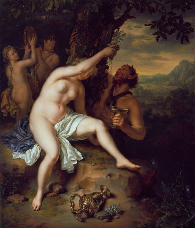 افسانه فولکلور و ادبیات حماسی: ▣ Scene of the Bacchanal, 1700. Willem van Mieris (1662-1747)‹ صحنه این نقاشی نشان میده که یک باکخانت ( کاهن دیونیزوس) ب