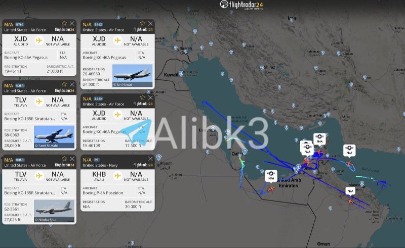 🇺🇸🇮🇷‼️מספר מטוסים אמריקאים לתדלוק ומטוס בואינג P-8A פוסידון טסים מעל המפרץ הפרסי וים עומאן.