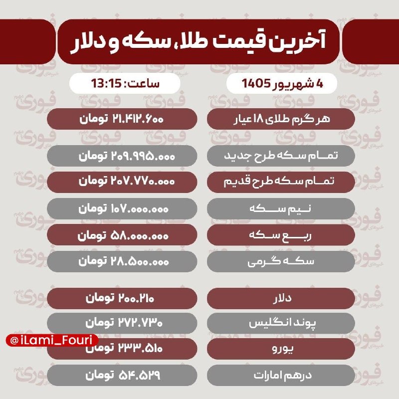 ایلام فوری: آخرین قیمت طلا، سکه، دلار و سایر ارزها چهارشنبه ۴ شهریور ۱۴۰۵🏙 @iLami_Fouri