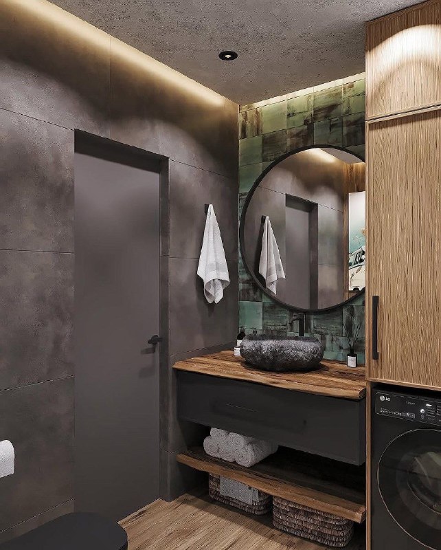 Интерьер ванной комнаты выполнен в тёмных тонах. Площадь составляет 4 квадратных метра. МЫ В МАХ подписаться - изображение 2 - интерьер, ванной, комнаты