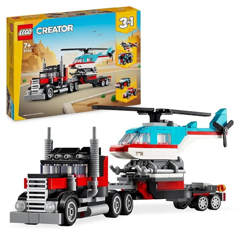 LEGO Creator 3in1 Flatbed Truck with Helicopter Toy to Propeller Plane and Fuel Lorry