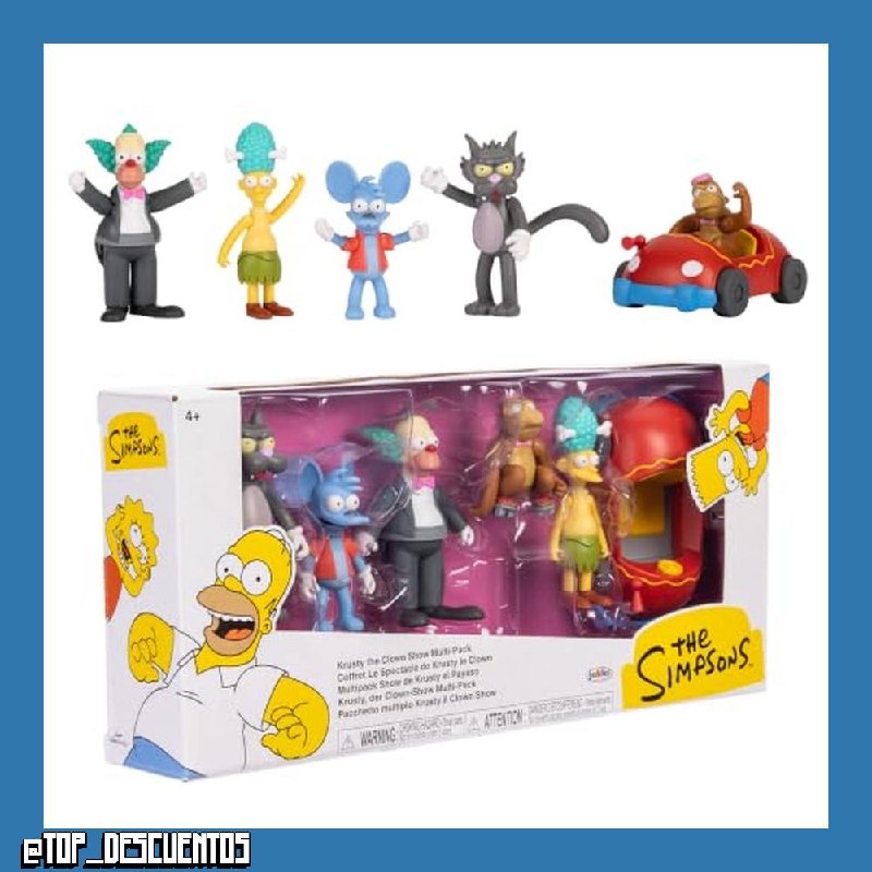 Pack múltiple de Figuras de acción de Los Simpson, Escala de 6,35 cm, de JAKKS Pacific. Incluye a Krusty, Mojo, Itchy, Scratchy y Sideshow Mel, Junto con el Coche de Payasos de Krusty.