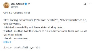GPT-5.3-Codex 正式发布 编程性能再攀新高OpenAI首席执行官Sam Altman宣布：“GPT-5.3-Codex正式发布！编程性能再攀新高：SWE-Bench Pro评测达57%、TerminalBench 2.0达76%、OSWorld达64%；支持任务中实时调控与动态更新；运行效率跃升：完成同等任务，令牌消耗量较5.2-Codex减少超一半，单令牌处理速度提升超25%；具备成熟的计算机实操能力。”他还表示，“这是我们首款在安全防护框架的网络安全维度获评“高等级”的模型。目前，我们正试点