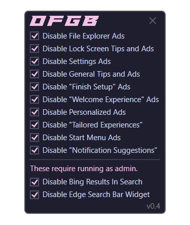 🆔  软件名称：OFGB⭐️  软件功能：win11去广告➡️  支持平台：#Windows 📁  软件简介：一款用于从Windows 11的多个地方移除广告的工具