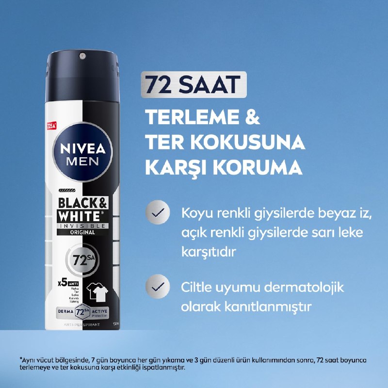 NIVEA MEN Erkek Sprey Deodorant Black&White Invisible Original 150 ml,72 Saat Anti-Perspirant Terleme ve Ter Kokusuna Karşı Koruma,Kıyafetlerde Leke Karşıtı,Erkeksi Koku,Etil Alkol İçermez