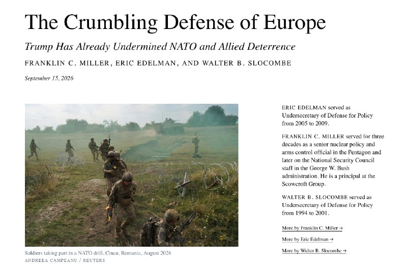 ️🇺🇸🇪🇺🇷🇺 ענייני חוץ: ניתוח של שלושה בכירי הגנה אמריקאים לשעבר מזהיר שממשל טראמפ כבר מערער את הרתעת נאט"ו ובעלות הברית על ידי הסגת כוחות מאירופה.