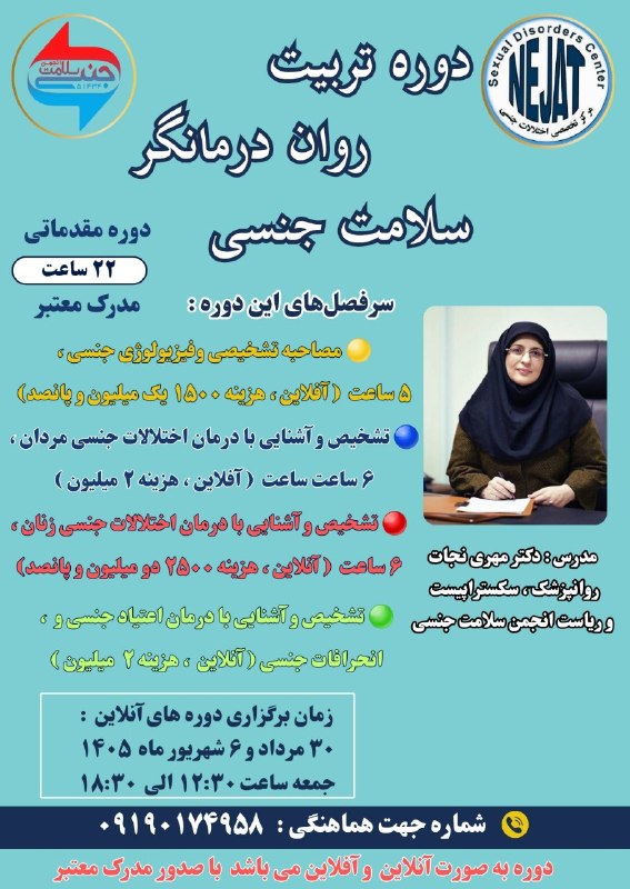 Psychology research articles: دوره تربیتروان درمانگر سلامت جنسی مدرس دکتر مهری نجات سرفصل هامصاحبه تشخیصی و فیزیولوژی جنسیتشخیص و آشنایی و با اختلالات