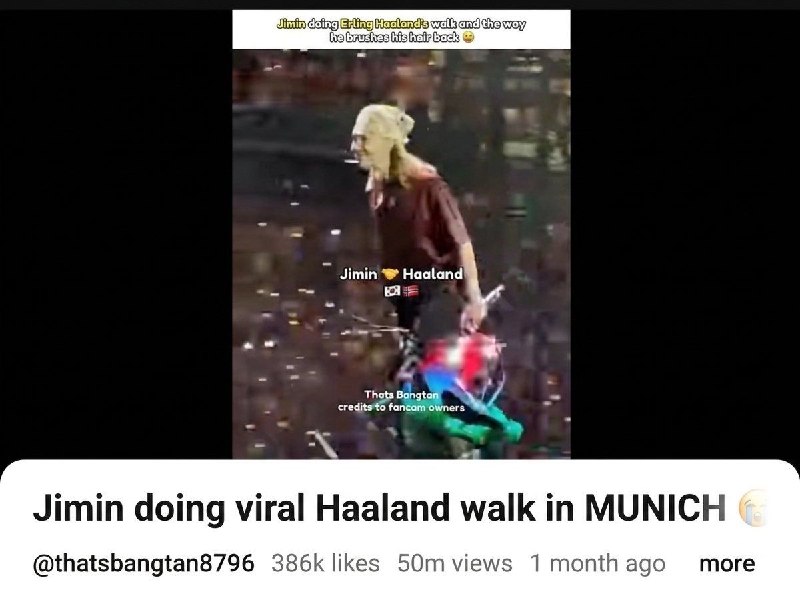 - 𝙋𝙖𝙧𝙠 𝙅𝙄𝙈𝙄𝙉 -: 「260819」 ⌞#News⌝ 🕊─•‹Jimin’s Haaland walk has surpassed 50 MILLION views on YouTube Shorts in 1 month😭🔥•‹ویدیوی راه رفتن