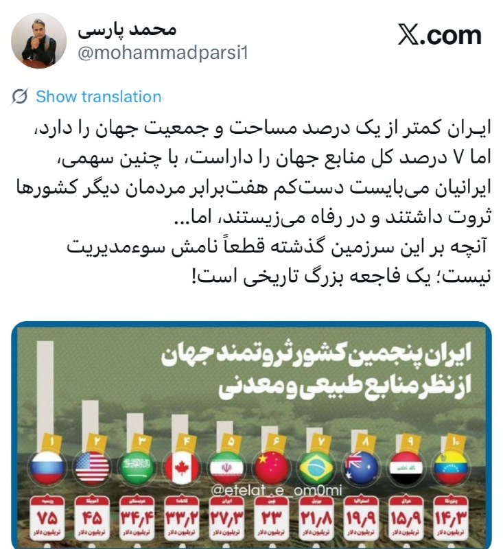 🗣 خبرهای داغ مجازی ✨️: ایـران کمتر از یک درصد مساحت و جمعیت جهان را دارد، اما ۷ درصد کل منابع جهان را داراست، با چنین سهمی، ایرانیان می‌بایست د