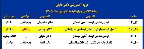 گروه آموزشی تألیفی دکترخلیلی(اصفهان): 🟧لینک ورود به جلسه اول و رایگان 🟧🟦 📆 چهار شنبه 18 شهریور ماه 1405 🔰لینک کلاس اصول اپیدمیولوژی آنلاین لیسانس به پزشکی دکت