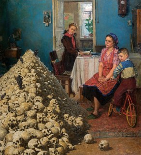 Я придумал картину. Рисовать не умею — но хорошо, что умеют другие; а великие учили в искусстве воровать всё, что не привинчено. В общем, полотно называется «Опять апофеоз»