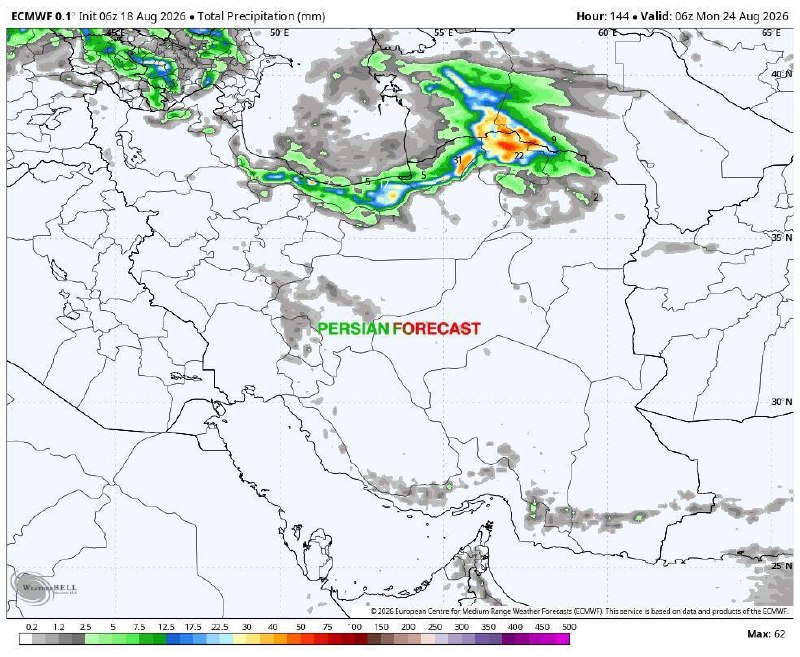 آب و هوای مشهد: 🔸آپدیت جدید مدل ECMWF; مجموع احتمالی بارندگی طی ۵ روز آینده🌈راهنمای رنگ ها پایین نقشه به میلیمتر @HavashenasiMashhad