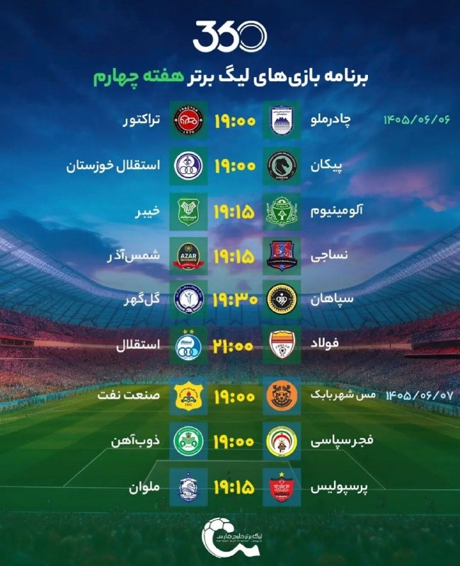 Futball tokhmi: ✅برنامه‌دیدارهای‌هفته‌چهارم رقابت های لیگ برتر؛ شش دیدار روز جمعه برگزار میشه، سه دیدار شنبه‌.⚽️@futbal_tohkmi