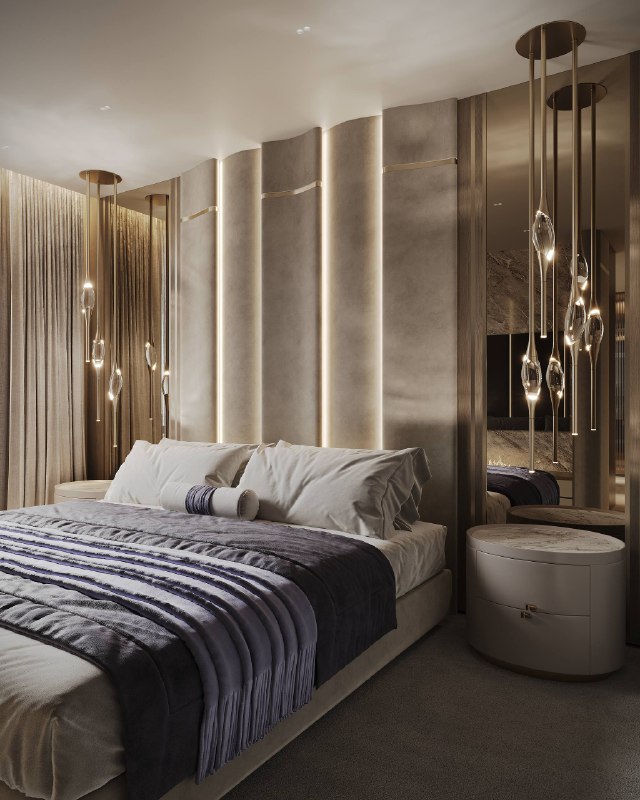 5 трендовых интерьерных решений в спальне нашего проекта в ЖК Событие 3 1. Мягкое изголовье с подсветкой Изголовье выполнено в форме мягких волн ре... - изображение 1 - решений, спальне, изголовье