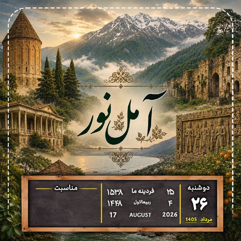 اخبار آمل نور: تقویمدوشنبه ۲۶ مرداد ۱۴۰۵۲۵ فردینه ما ۱۵۳۸۴ ربیع‌الاول ۱۴۴۸۱۷ آگوست ۲۰۲۶@AmolNoor