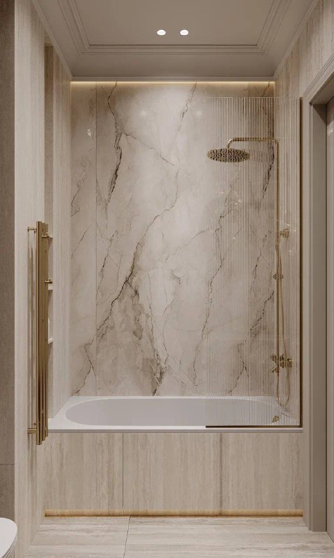 Ванная комната квартиры в ЖК Full House Раковина из цельного травертина, за ванной крупноформатный керамогранит, аккуратные встроенные ниши с подсв... - изображение 5 - ванная, комната, квартиры