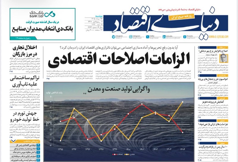 روزنامه دنیای اقتصاد: تیتر یک روزنامه دنیای اقتصاد:الزامات اصلاحات اقتصادیدوشنبه ، ۲۶ مرداد ۱۴۰۵✅کانال رسمی روزنامه دنیای اقتصاد👇@den_ir