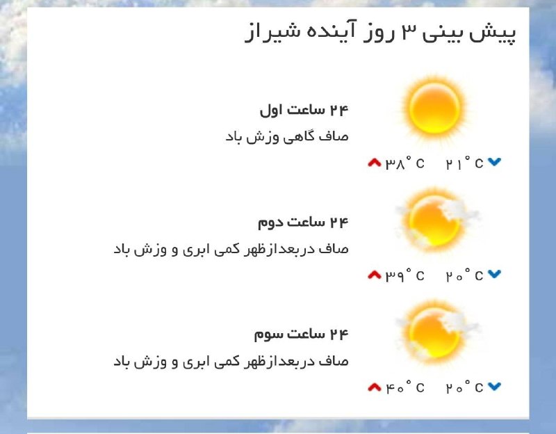 اخبار فارس: ♦️پیش‌بینی وضع آب و هوای سه روز آینده مرکز استان‌🔹۲۴ ساعت اول (۱۴۰۵/۰۶/۰۶)🔹 ۲۴ ساعت دوم (۱۴۰۵/۰۶/۰۷)🔹 ۲۴ ساعت سوم (۱۴۰۵/