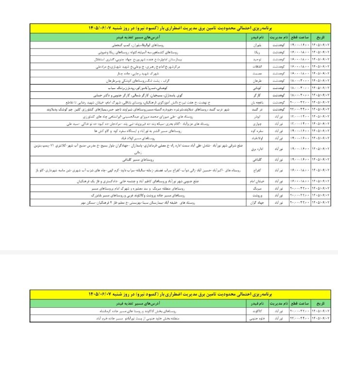 پایگاه خبری دلفان نیوز: برنامه ریزی احتمالی محدودیت تامین برق مدیریت اضطراری بار (کمبود نیرو) در روز شنبه ۱۴۰۵/۰۶/۰۷ در شهرستان دلفان 🚀اخبار لحظ