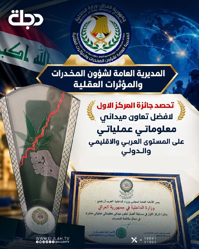 العراق يفوز بالمركز الأول عربياً في مسابقة للتعاون العملياتي بمجال مكافحة المخدرات